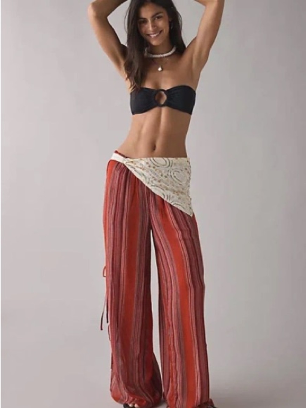 Out From Under Seaside Side-Tie Wide-Leg Pants L Red Stripe Boho Y2K